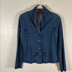 British Khaki Chambray Embroidered Button Down Shirt Size 4 Vintage 90s